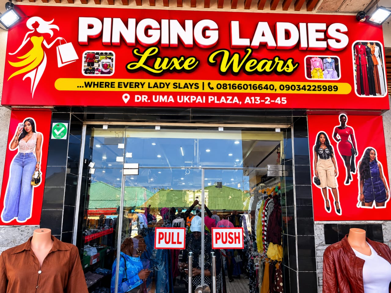 The Pinging Ladies Luxe Wears shop front at Dr. Uma Ukpai Plaza, Ariaria International Market, Aba